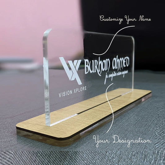 Custom Acrylic Wooden Base Desk Plate, Engraved Name Plate GT003