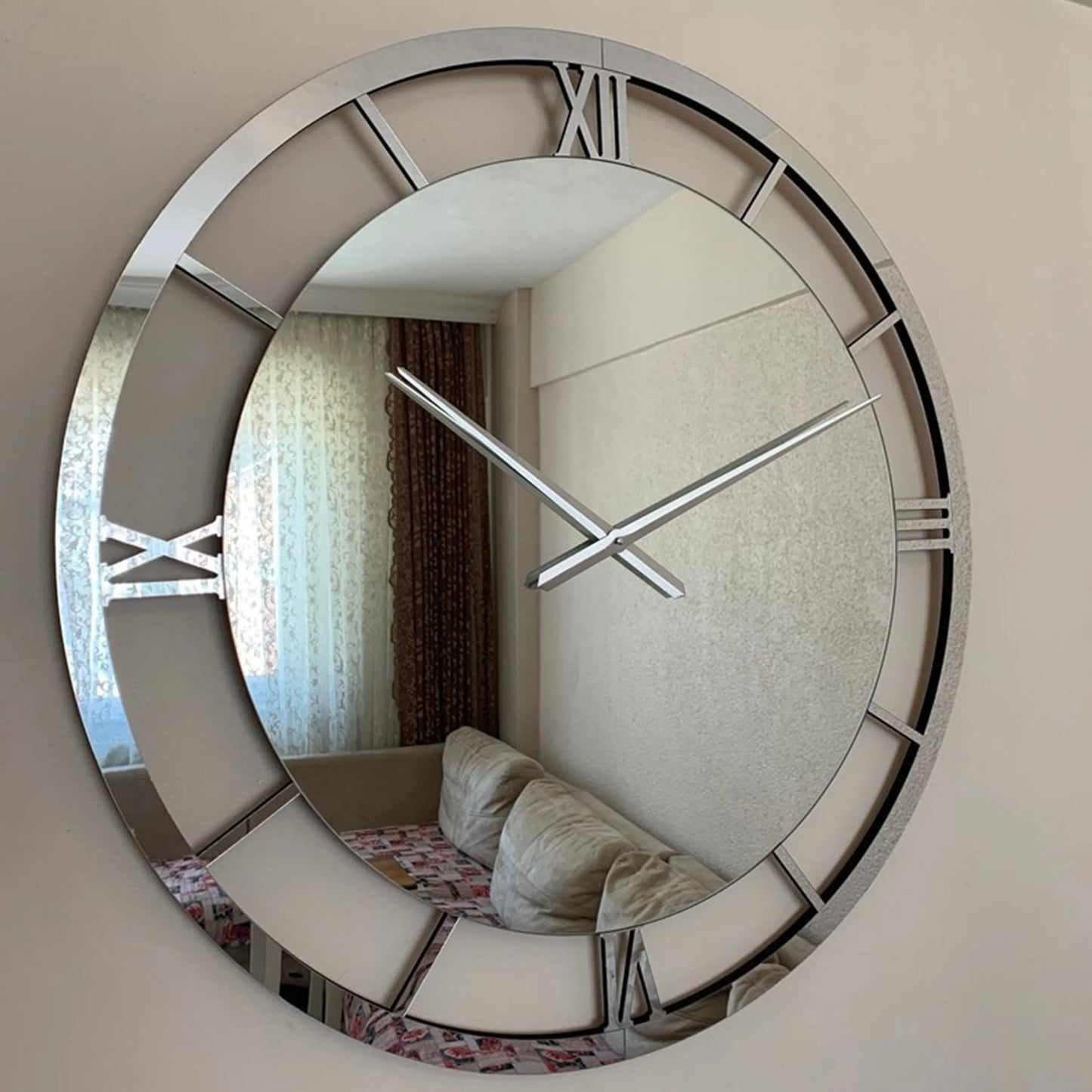 Modern Large Mirrored Clock, Silver Colored Numerals on a Smoked Colored Mirror GC011