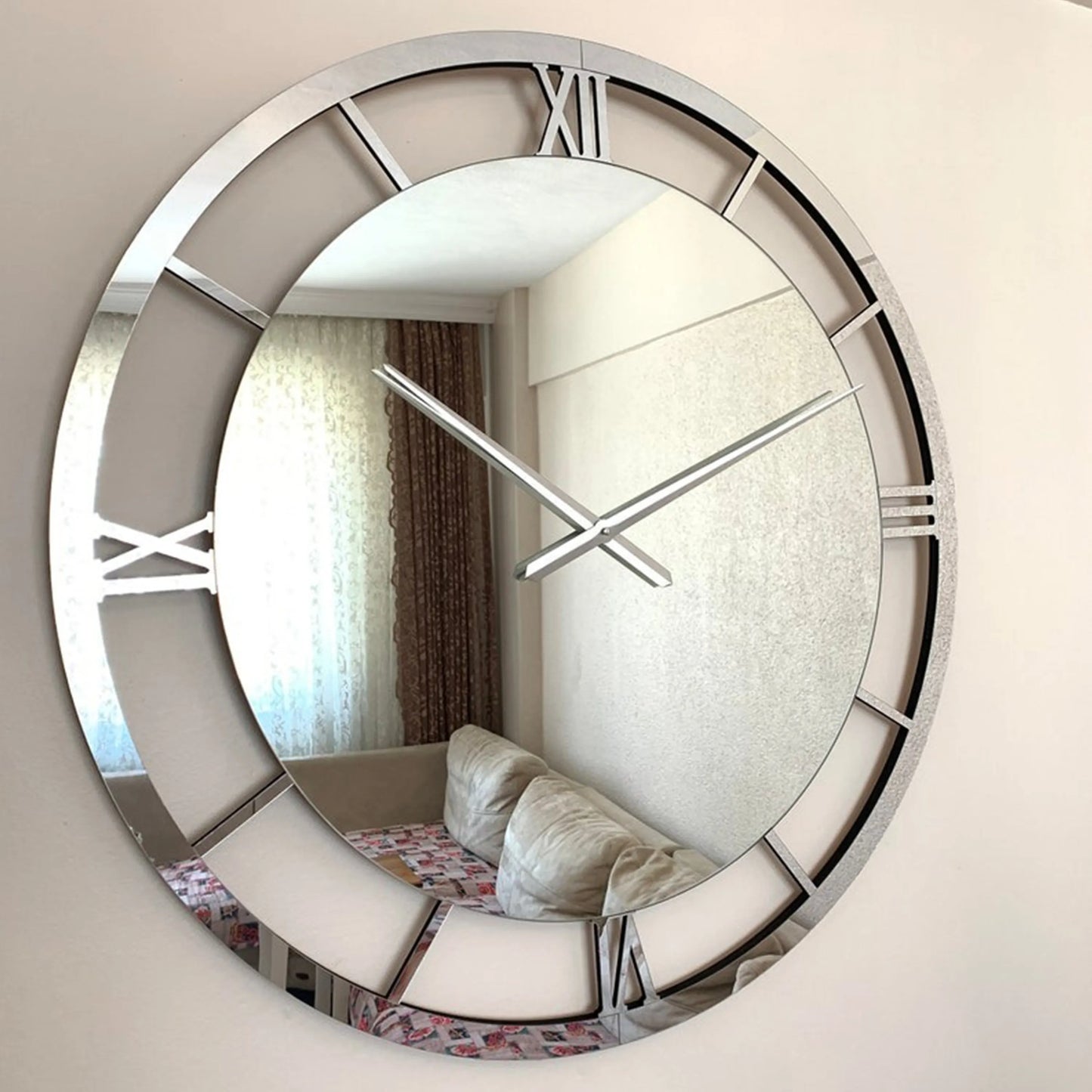 Modern Large Mirrored Clock, Silver Colored Numerals on a Smoked Colored Mirror GC011